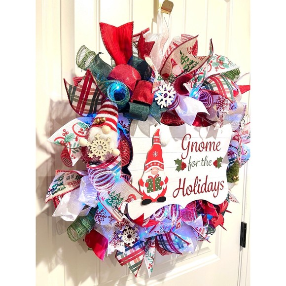 Handmade Christmas Gnome for the Holidays Ribbon Door Wreath 22 ins LED W36 - Picture 3 of 12
